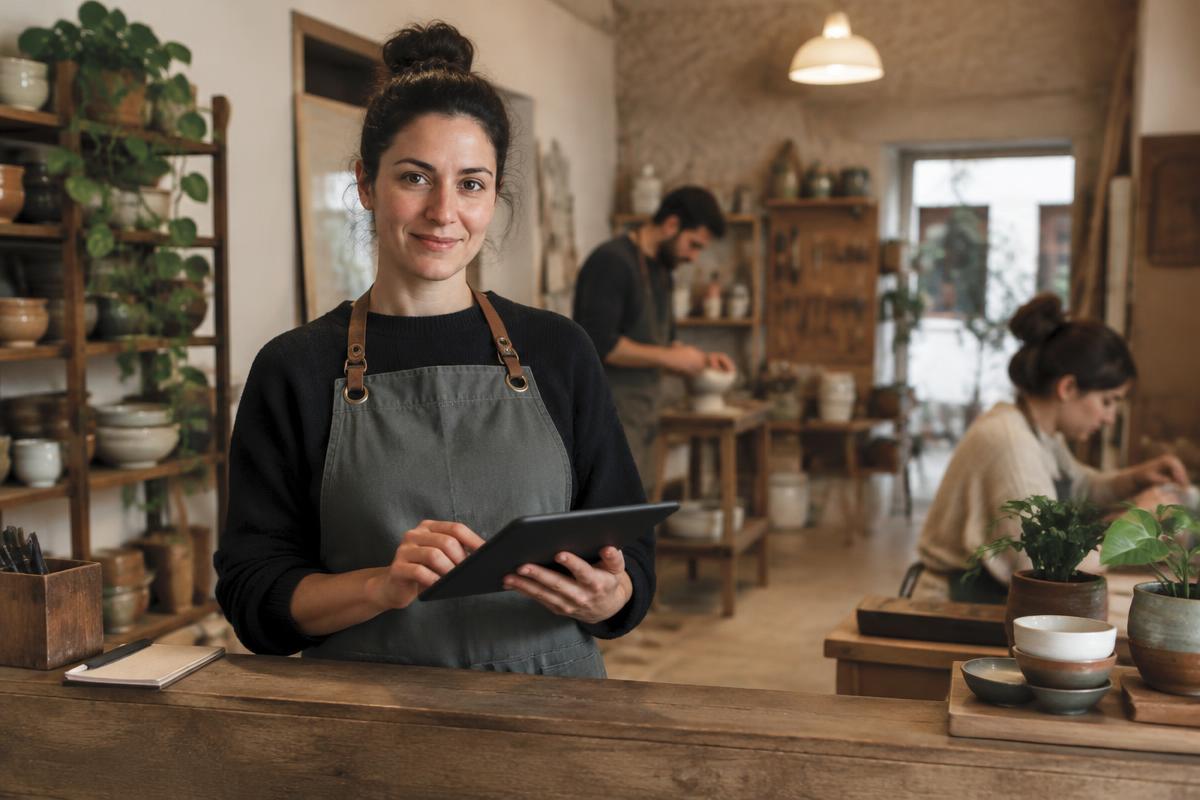 Empresária ao balcão do seu negócio com um tablet