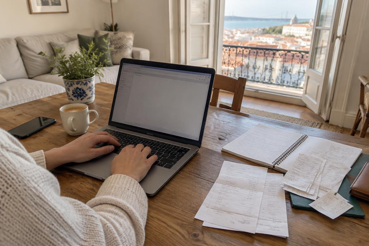 Secretária de trabalho com portátil, café e recibos